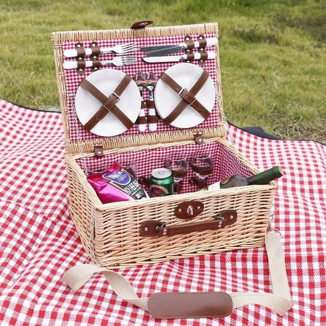 Heißer Verkauf Weidengewebter Picknick-Reise-Aufbewahrungskorb mit Geschirr