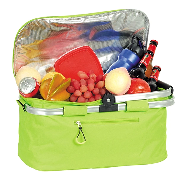 Folding Shopping Basket Cooler Aluminum Frame Collapsible Cooler Picnic Bag Grocery Basket Bag Insulated Tote Bag